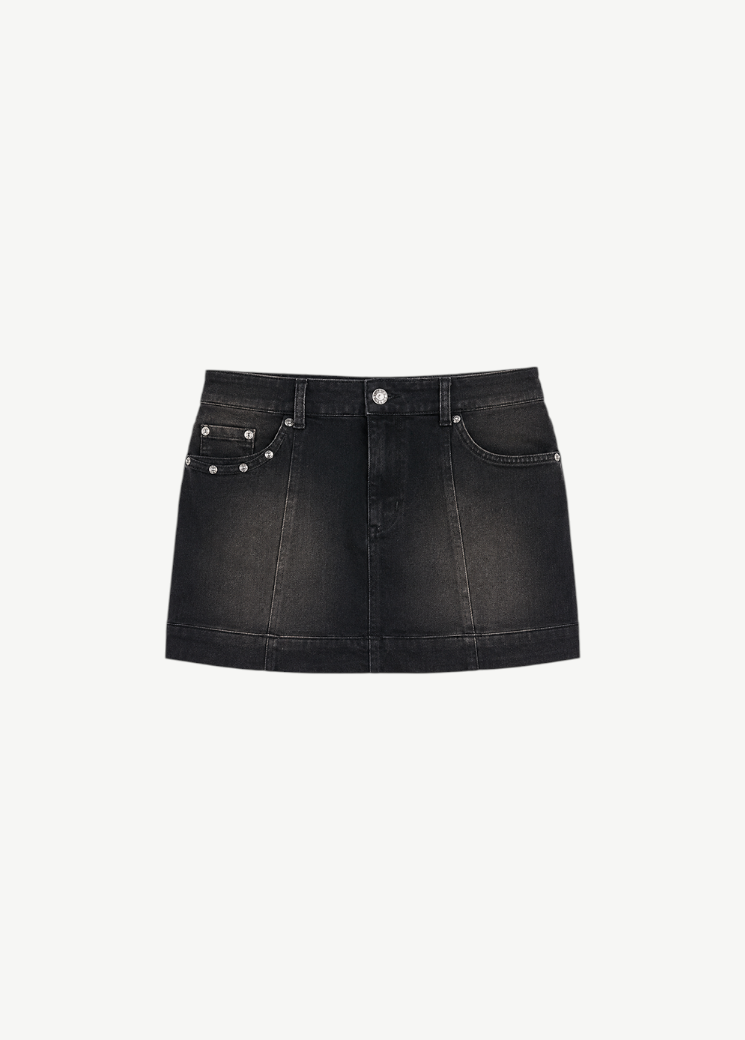 KABE SHOP INC black denim mini skirt with paneled construction and silver stud detailing on the front pockets