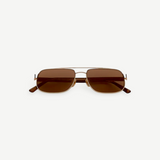 Evangeline sunglasses feature a rectangular gold metal frame with brown tinted lenses and slim arms, offering UV protection and crafted from durable stainless steel, presented on a white background facing forward.