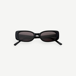The Solene sunglasses feature a black slim rectangular frame with dark tinted lenses that provide 100% UV protection, displayed front-facing against a plain white background.