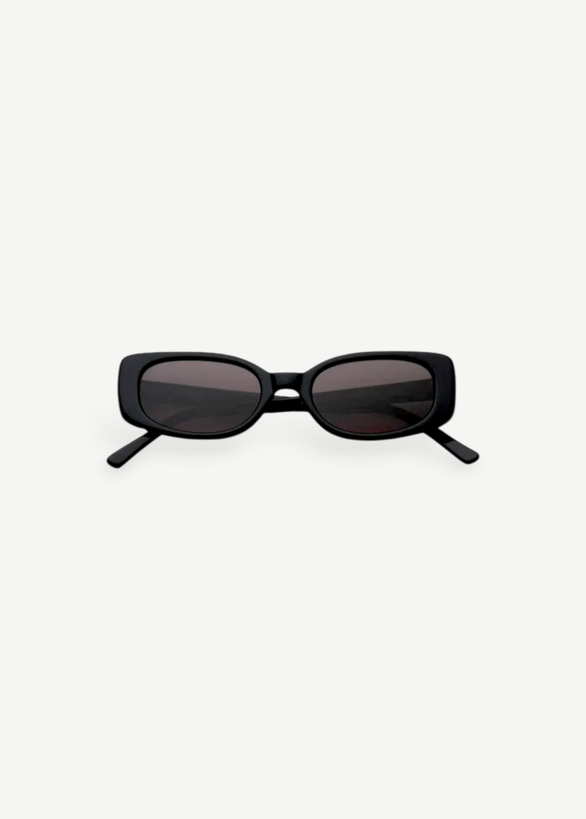 The Solene sunglasses feature a black slim rectangular frame with dark tinted lenses that provide 100% UV protection, displayed front-facing against a plain white background.