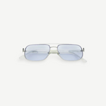 Front view of Evangeline rectangular sunglasses featuring a thin stainless steel frame and light blue tinted lenses that offer UV protection, set against a plain white background.