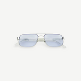 Front view of Evangeline rectangular sunglasses featuring a thin stainless steel frame and light blue tinted lenses that offer UV protection, set against a plain white background.