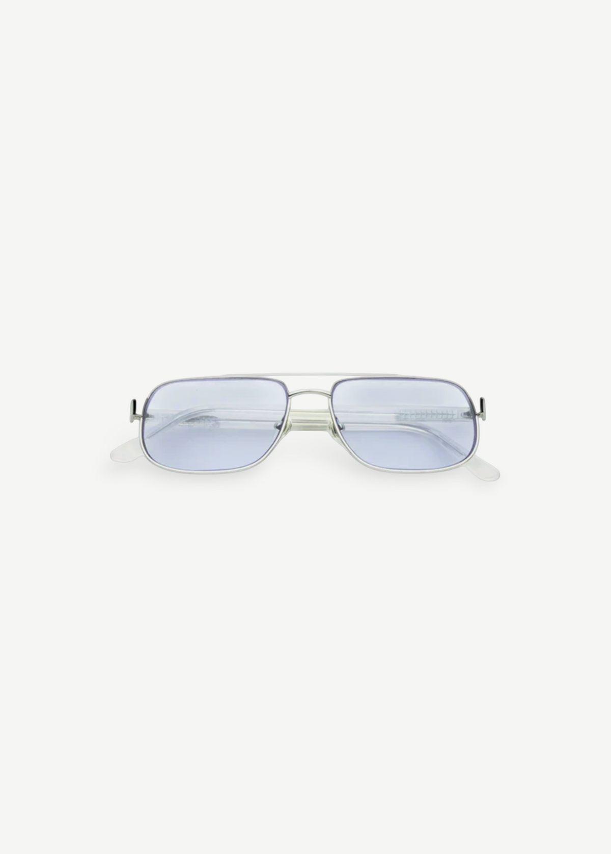 Front view of Evangeline rectangular sunglasses featuring a thin stainless steel frame and light blue tinted lenses that offer UV protection, set against a plain white background.