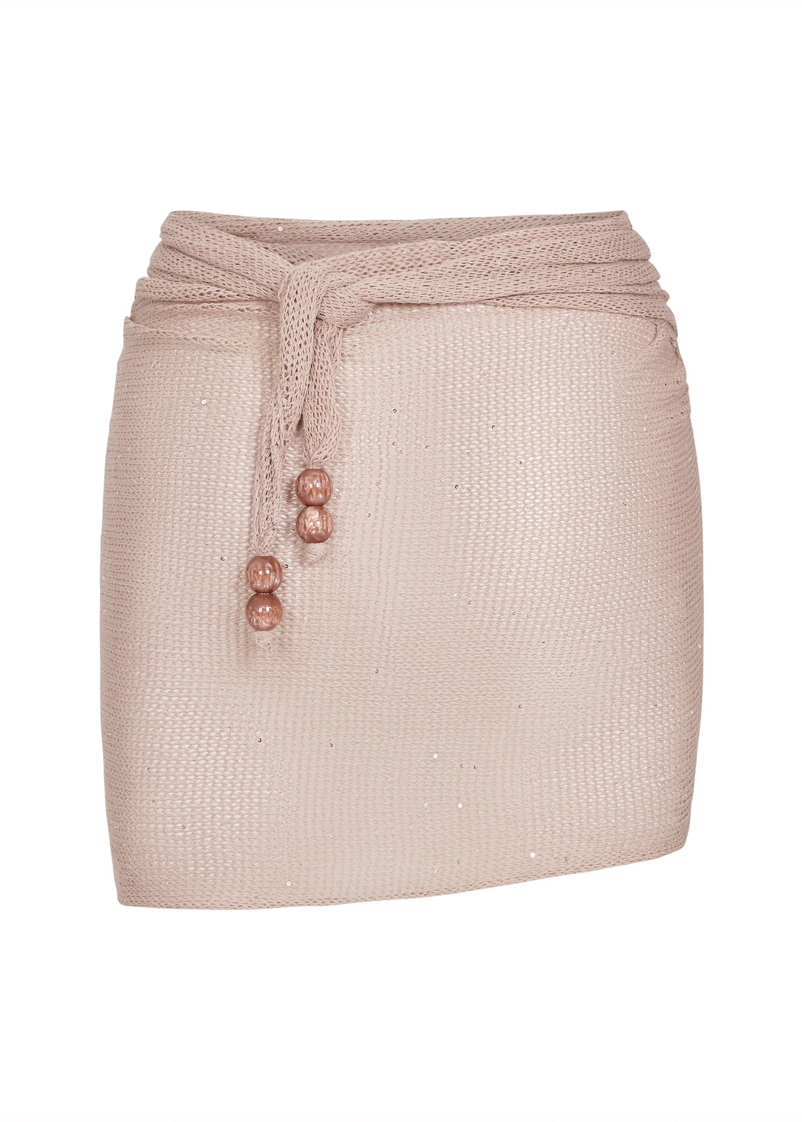 The Lumiere Skirt is a pale pink textured mini skirt featuring a matching waist tie with three round beads on each end and delicate sequin bead accents, shown against a plain white background.