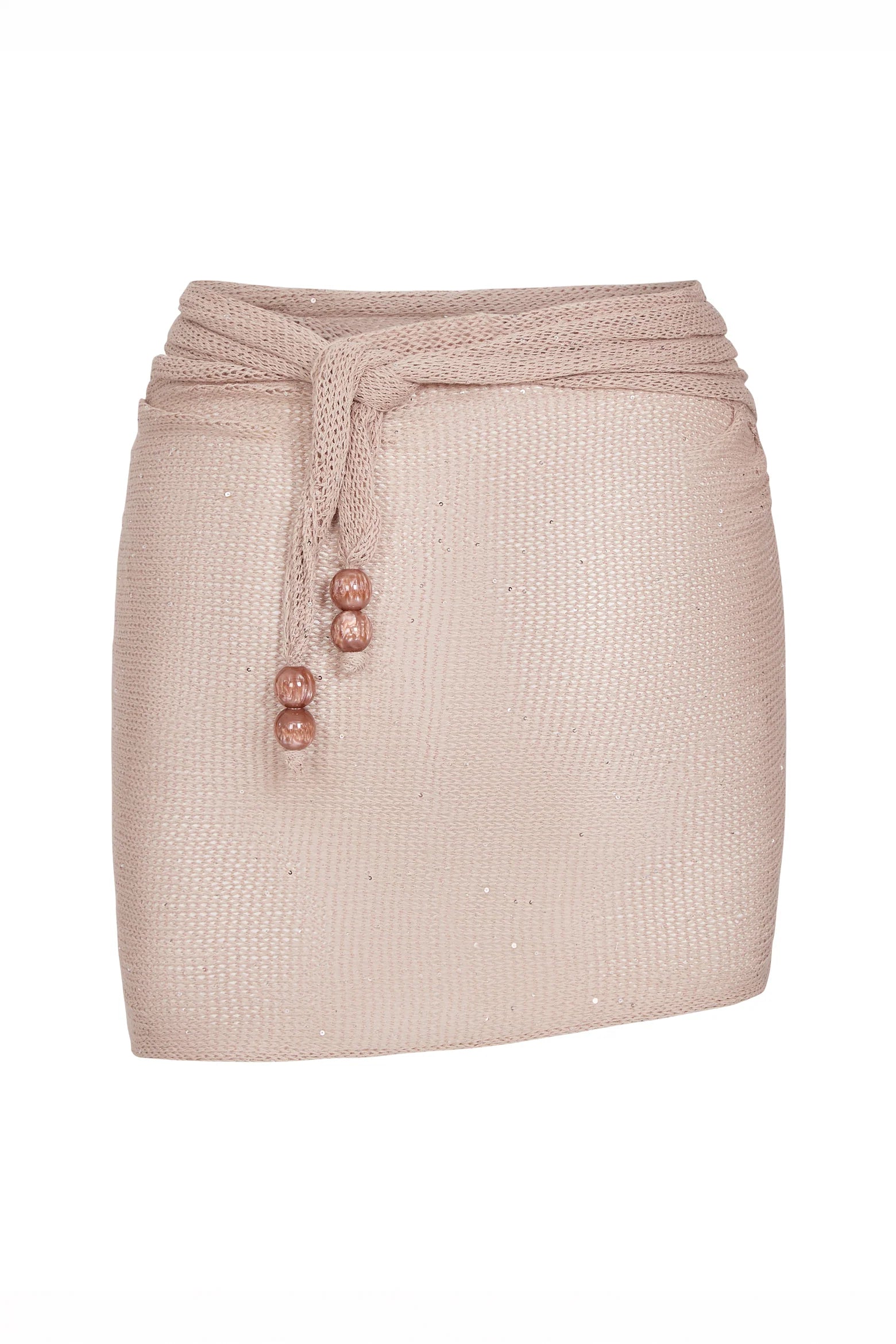The Lumiere Skirt is a pale pink textured mini skirt featuring a matching waist tie with three round beads on each end and delicate sequin bead accents, shown against a plain white background.