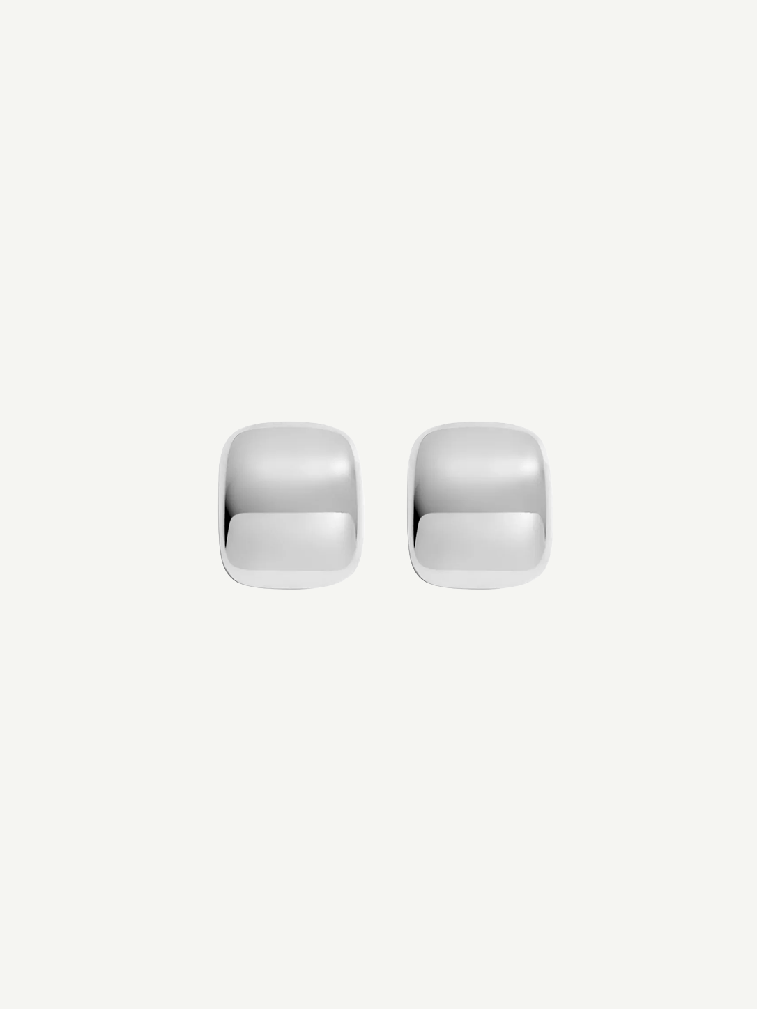 Two small, shiny Pebble Earrings with a square shape and rounded edges are placed side by side on a plain white background. Each earring measures approximately 1 inch in length and features a lustrous rhodium plate finish.