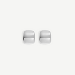 Two small, shiny Pebble Earrings with a square shape and rounded edges are placed side by side on a plain white background. Each earring measures approximately 1 inch in length and features a lustrous rhodium plate finish.