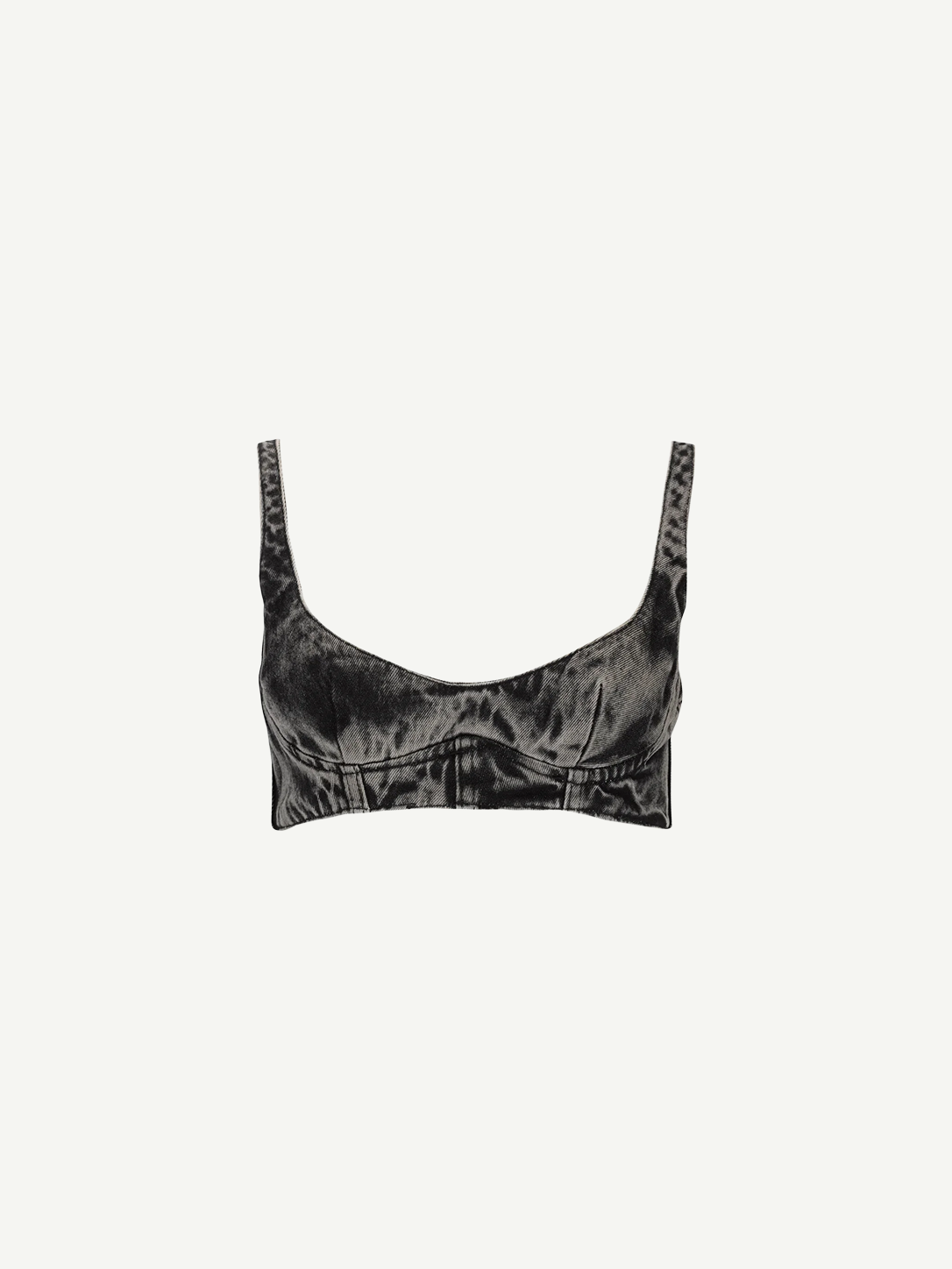 Denim Bra Corset in dark grey velvet, featuring wide straps and a scoop neckline with an edgy, denim-inspired bra silhouette, shown isolated on a white background.