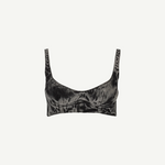 Denim Bra Corset in dark grey velvet, featuring wide straps and a scoop neckline with an edgy, denim-inspired bra silhouette, shown isolated on a white background.