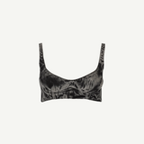 Denim Bra Corset in dark grey velvet, featuring wide straps and a scoop neckline with an edgy, denim-inspired bra silhouette, shown isolated on a white background.