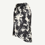 A lightweight drill cowl neck top in a black and white abstract brushstroke pattern on a light background, reminiscent of Marques’Almeida’s signature style, displayed on a plain white backdrop.