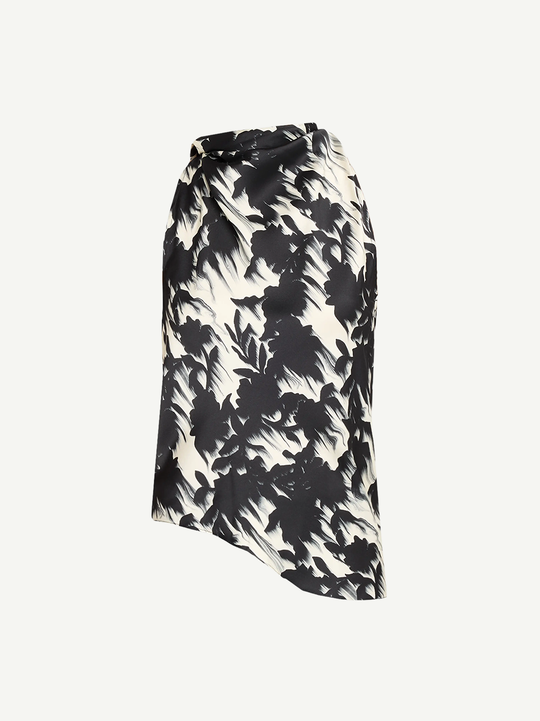 A lightweight drill cowl neck top in a black and white abstract brushstroke pattern on a light background, reminiscent of Marques’Almeida’s signature style, displayed on a plain white backdrop.