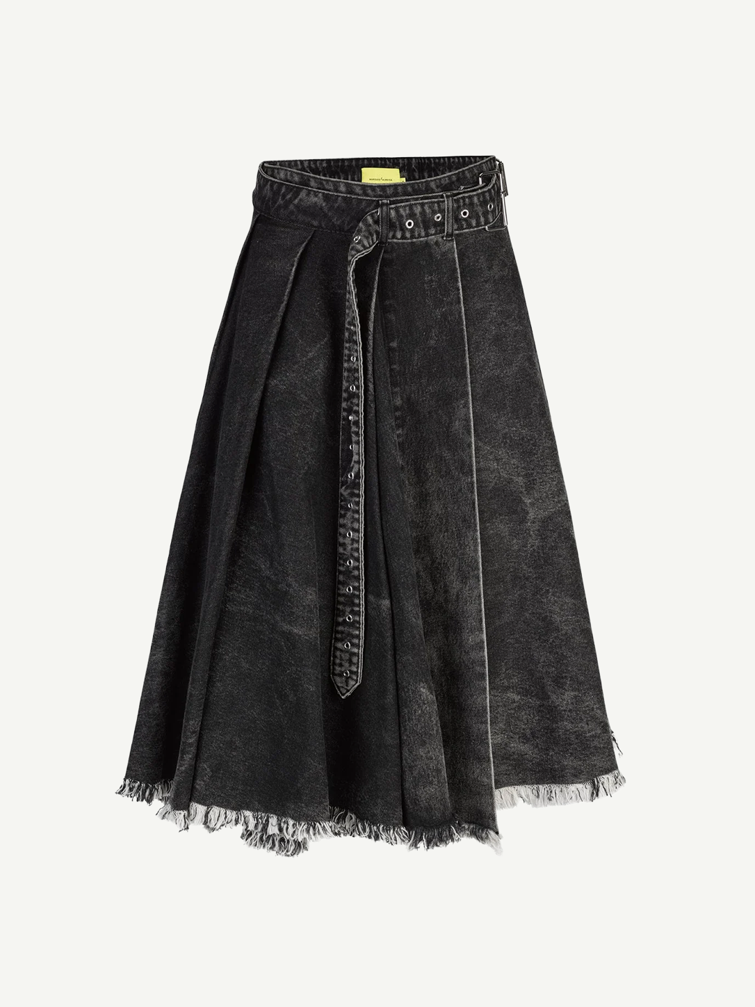 Introducing the Midi Kilt Skirt with Buckle Fastening: a black acid wash, knee-length skirt featuring pleats, an uneven raw hem with frayed edges, and a matching belt tied at the waist. The washed, slightly faded denim lends effortless edge to this distinctive midi skirt.