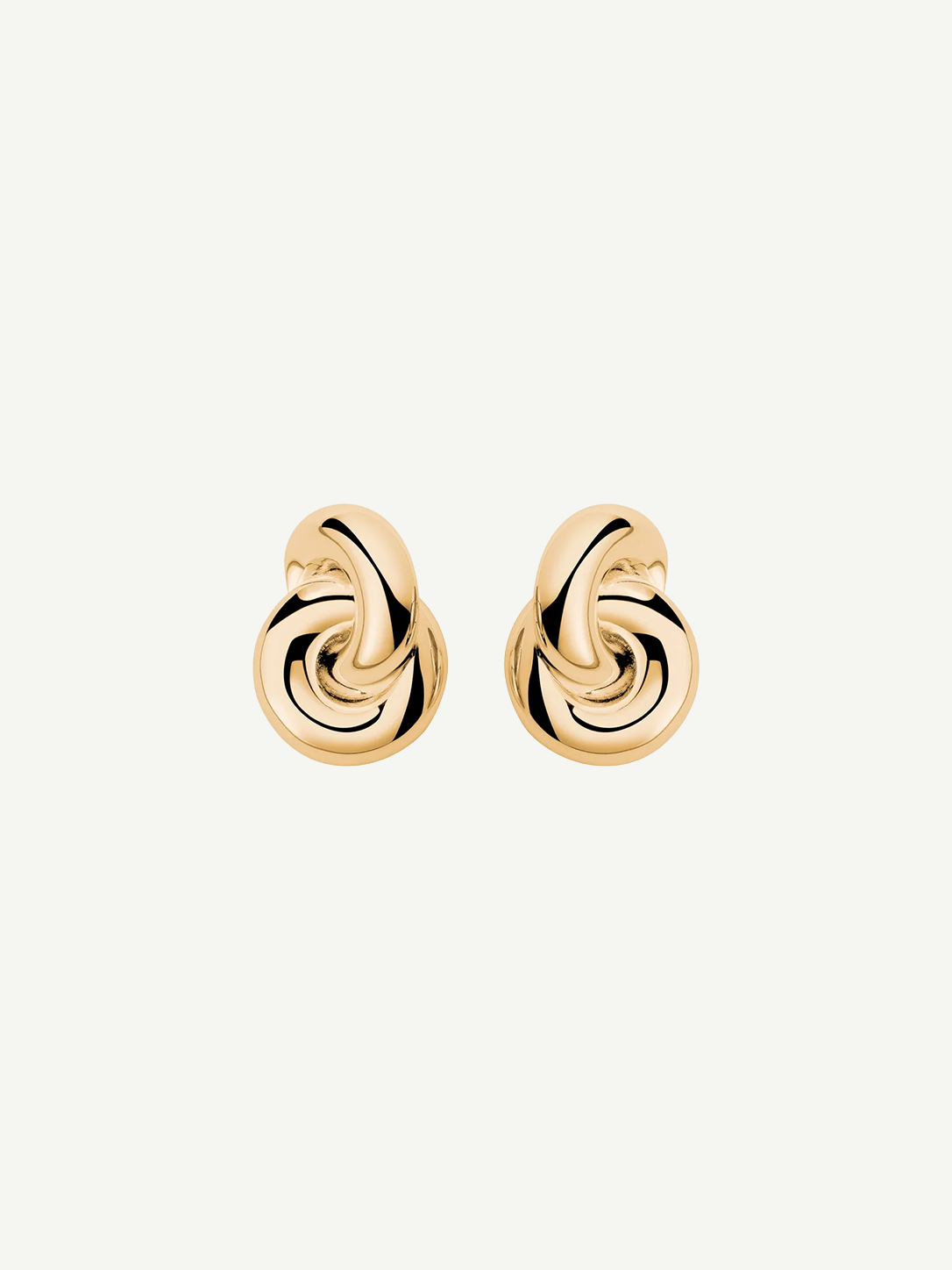 The Amina Earrings are displayed on a plain white background. These elegant earrings feature a gold-plated, intertwined looped design with a smooth, polished finish and a classic pierced back for secure wear.