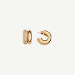 Introducing the CZ Double Hoop Earrings: a pair of elegant 14KT gold-plated double hoops, featuring one side exquisitely encrusted with pave cubic zirconia for added brilliance. One earring is showcased from the front to highlight its captivating sparkle, while the other is displayed from the side to reveal the sleek post and secure clasp.