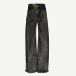The Acid Wash Boyfriend Jeans are wide-leg, high-waisted black jeans made from acid wash denim with a distinctive gray wash pattern and raw, frayed hems, shown against a plain white background.