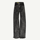 The Acid Wash Boyfriend Jeans are wide-leg, high-waisted black jeans made from acid wash denim with a distinctive gray wash pattern and raw, frayed hems, shown against a plain white background.