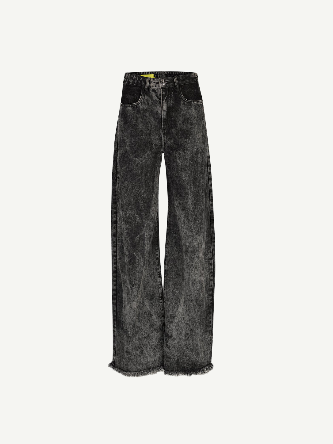 The Acid Wash Boyfriend Jeans are wide-leg, high-waisted black jeans made from acid wash denim with a distinctive gray wash pattern and raw, frayed hems, shown against a plain white background.