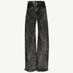The Acid Wash Boyfriend Jeans are wide-leg, high-waisted black jeans made from acid wash denim with a distinctive gray wash pattern and raw, frayed hems, shown against a plain white background.