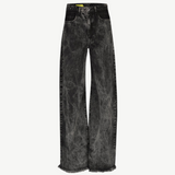 The Acid Wash Boyfriend Jeans are wide-leg, high-waisted black jeans made from acid wash denim with a distinctive gray wash pattern and raw, frayed hems, shown against a plain white background.
