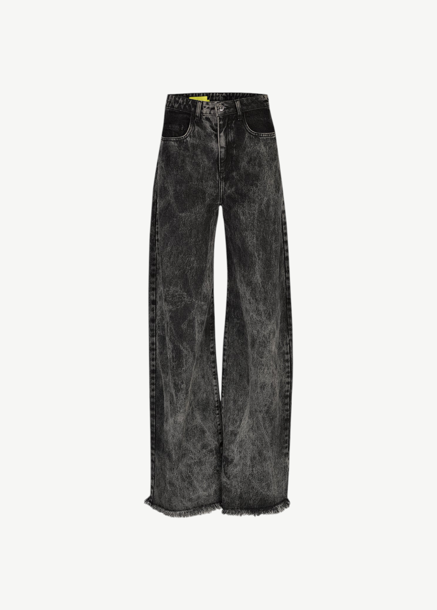 The Acid Wash Boyfriend Jeans are wide-leg, high-waisted black jeans made from acid wash denim with a distinctive gray wash pattern and raw, frayed hems, shown against a plain white background.