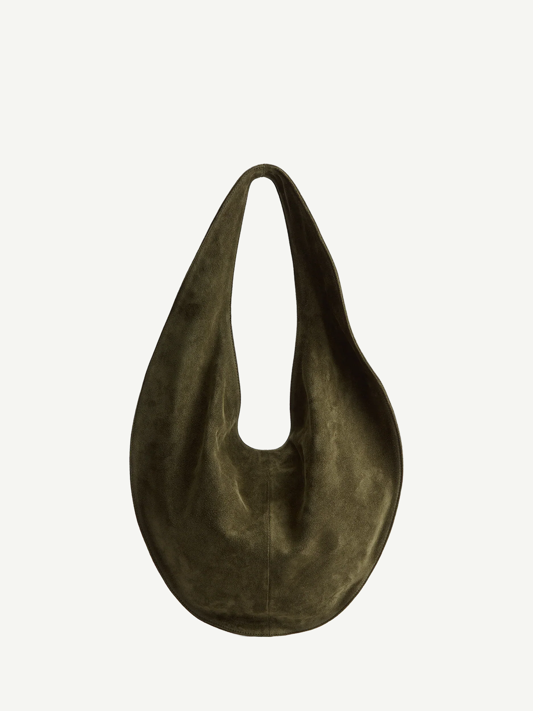 The Market Tote Bag is a dark olive green, crescent-shaped suede bag featuring a single wide strap, shown against a plain white background.