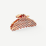 KABE SHOP INC Midi Heirloom hair claw in a brown and cream checkered Italian acetate pattern with reinforced hardware.