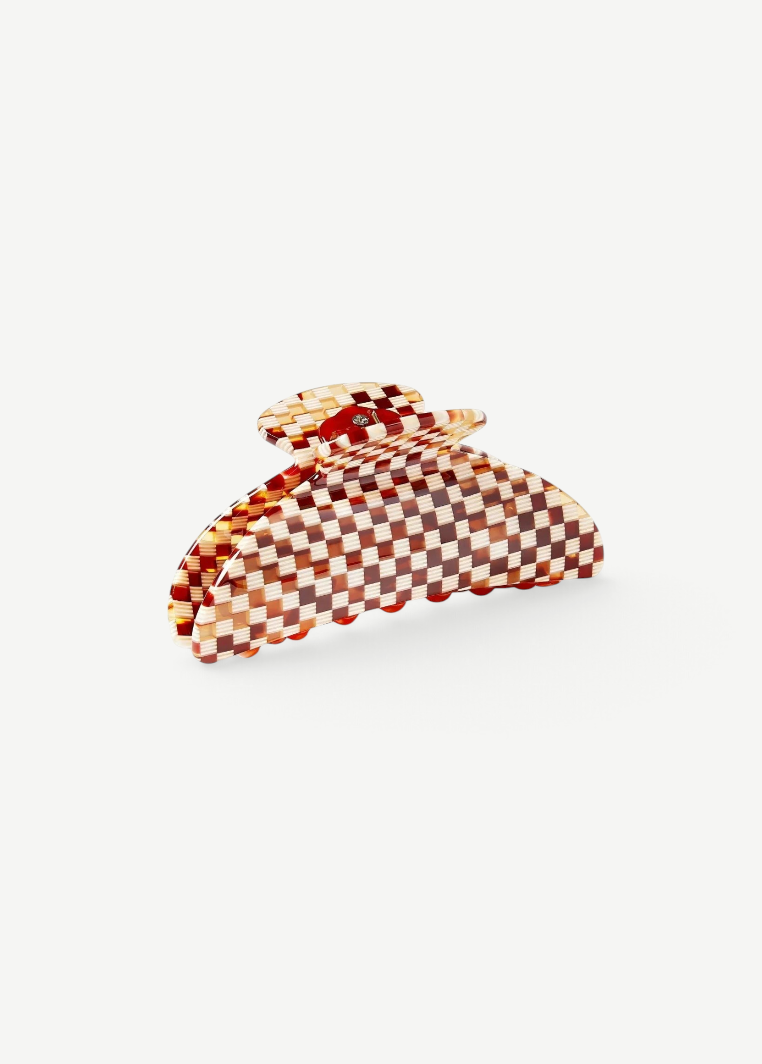 KABE SHOP INC Midi Heirloom hair claw in a brown and cream checkered Italian acetate pattern with reinforced hardware.