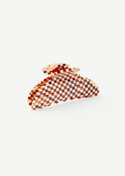 KABE SHOP INC Midi Heirloom hair claw in a brown and cream checkered Italian acetate pattern with reinforced hardware.