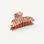 KABE SHOP INC Midi Heirloom hair claw in a brown and cream checkered Italian acetate pattern.