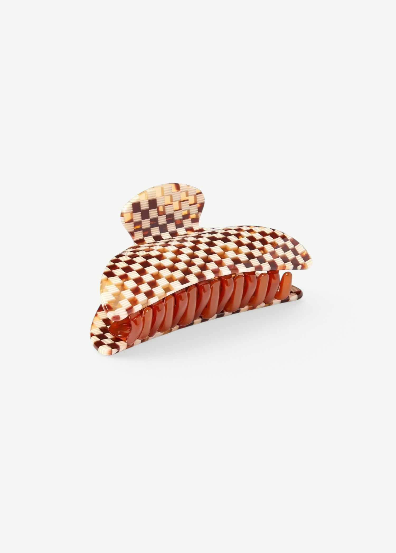 KABE SHOP INC Midi Heirloom hair claw in a brown and cream checkered Italian acetate pattern.
