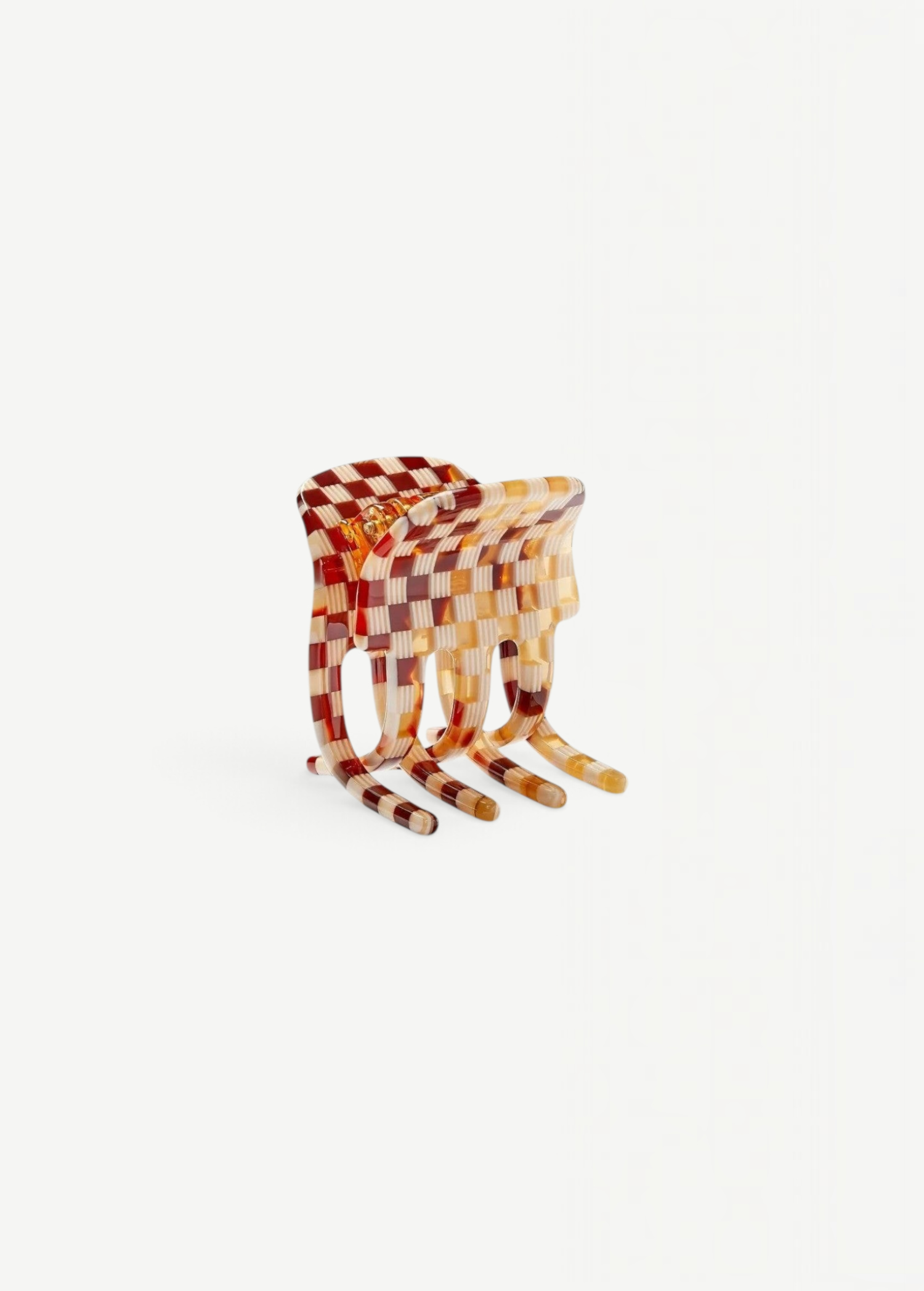 KABE SHOP INC handcrafted mini claw hair clip in a brown and cream checkered Italian bio-acetate pattern.