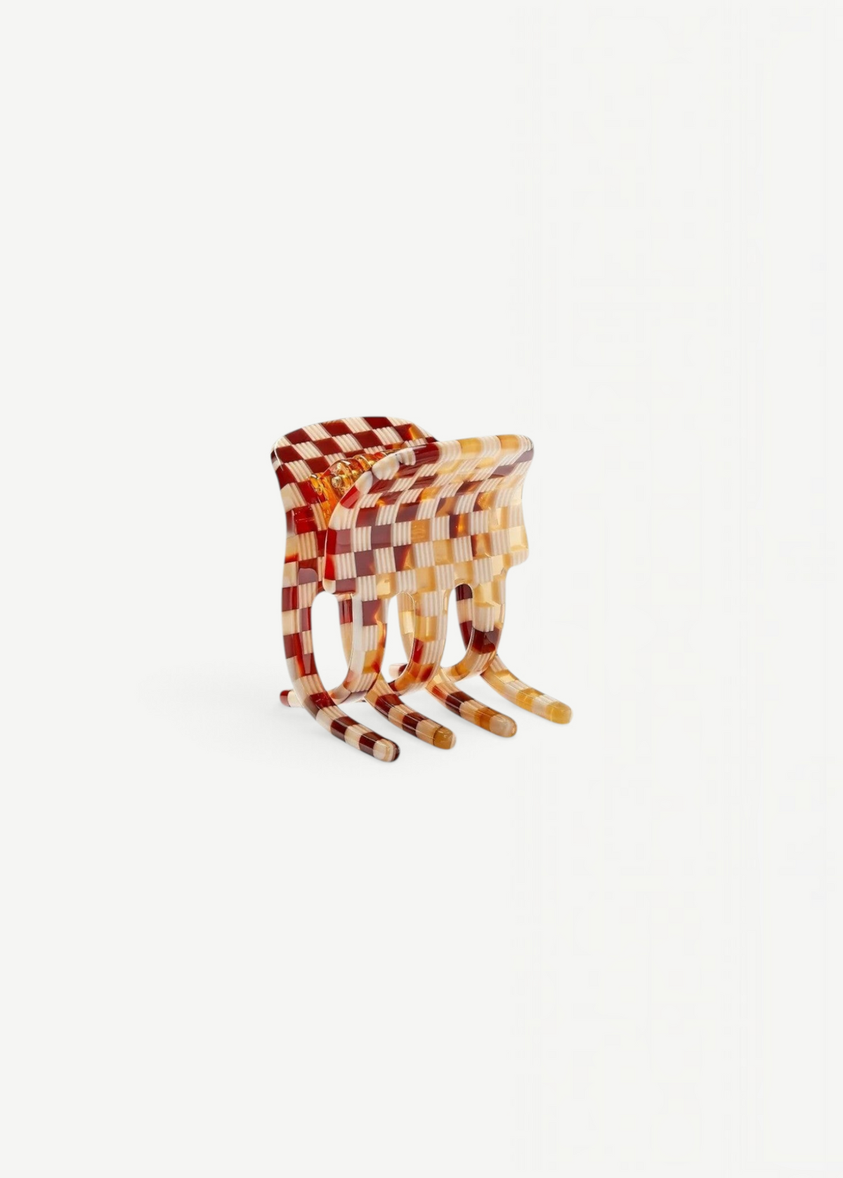 KABE SHOP INC handcrafted mini claw hair clip in a brown and cream checkered Italian bio-acetate pattern.