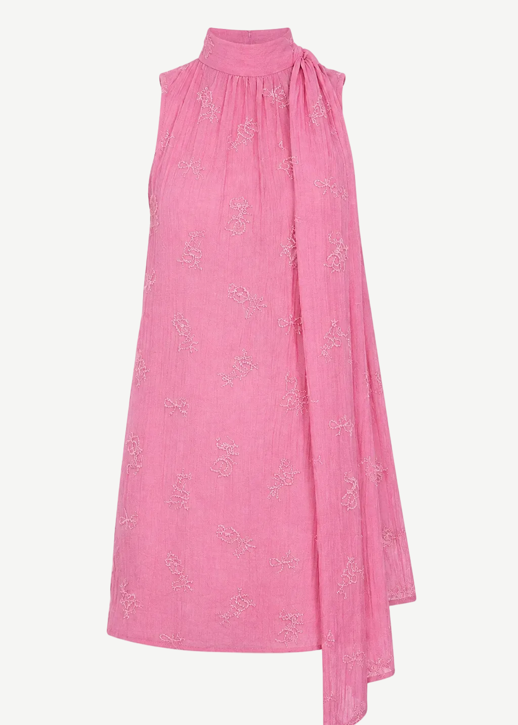 Mini Albee Dress: a pink sleeveless mini dress with a high neck, side tie detail, and tonal floral embroidery for a sophisticated silhouette.