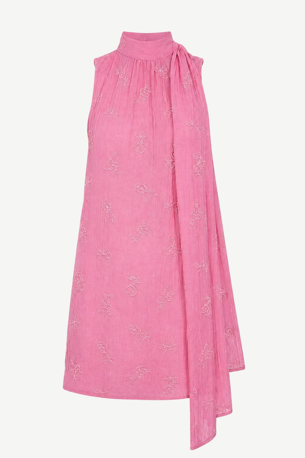 Mini Albee Dress: a pink sleeveless mini dress with a high neck, side tie detail, and tonal floral embroidery for a sophisticated silhouette.