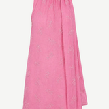 Mini Albee Dress: a pink sleeveless mini dress with a high neck, side tie detail, and tonal floral embroidery for a sophisticated silhouette.