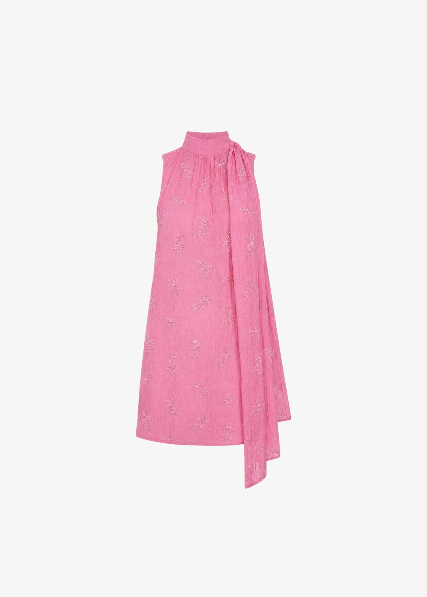 Mini Albee Dress: a pink sleeveless mini dress with a high neck, side tie detail, and tonal floral embroidery for a sophisticated silhouette.