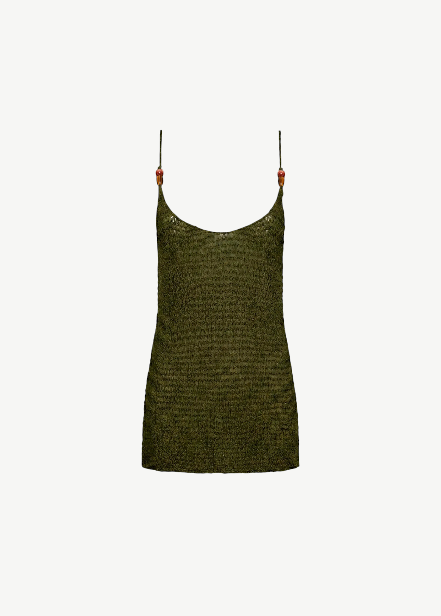 Mira Dress, an olive green crochet tank dress featuring thin straps adorned with small earth tone beads at the strap-to-bodice connection, displayed on a plain white background.