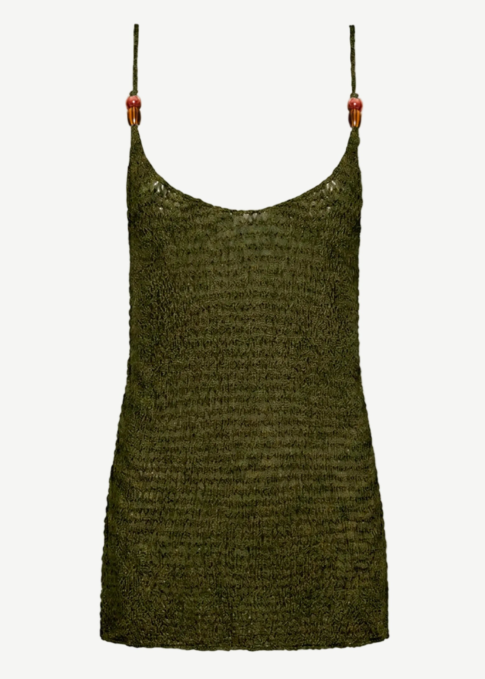 Mira Dress, an olive green crochet tank dress featuring thin straps adorned with small earth tone beads at the strap-to-bodice connection, displayed on a plain white background.