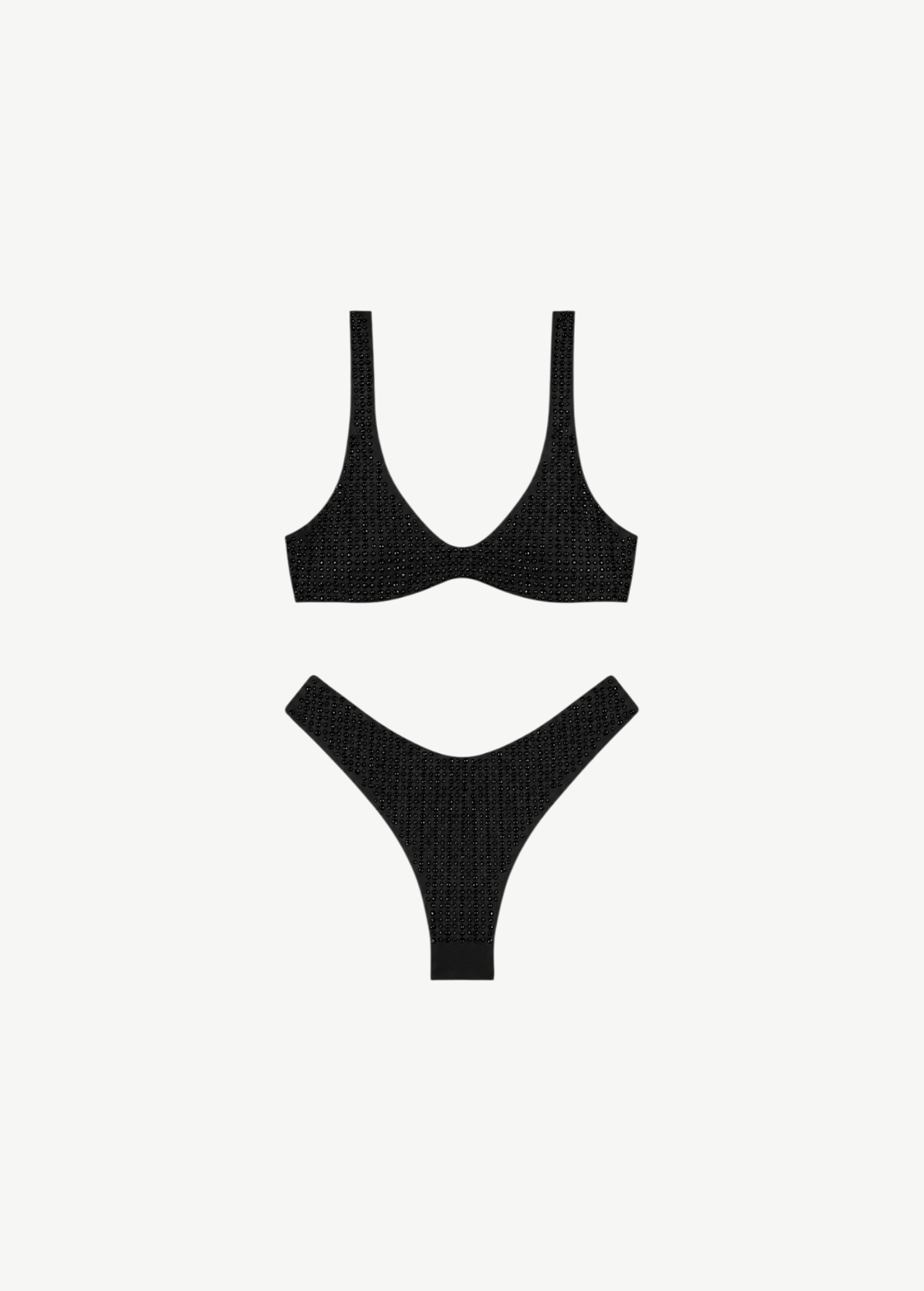 KABE SHOP INC black microfiber bikini set with sporty brassiere top and high-cut Brazilian bottoms with rhinestones