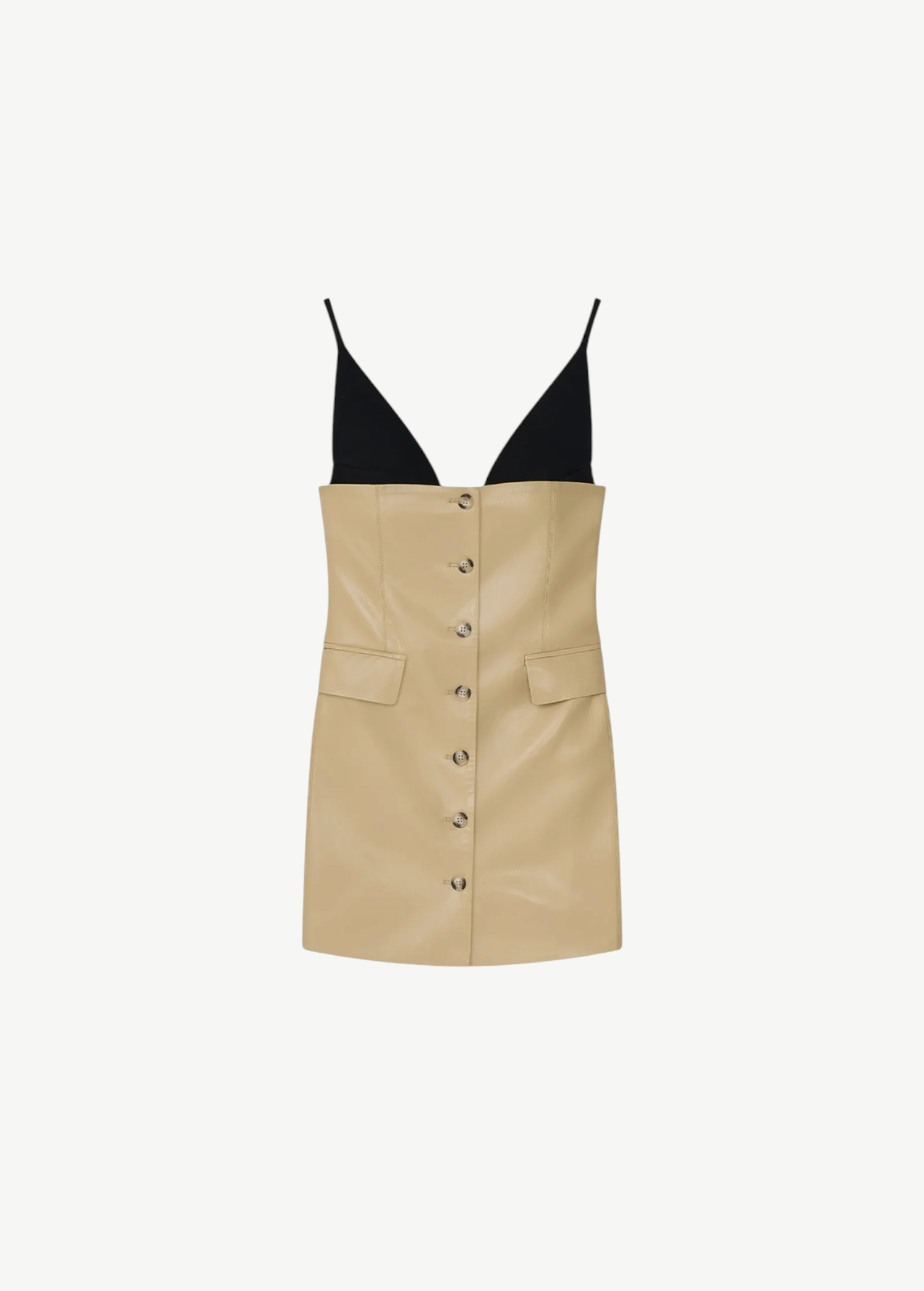 The Zyana Dress is a sleeveless mini with a bold fabric-blocked design, pairing a deep black V-neck bodice and thin black straps with a beige faux leather buttoned skirt and front pockets for a flattering mini silhouette.