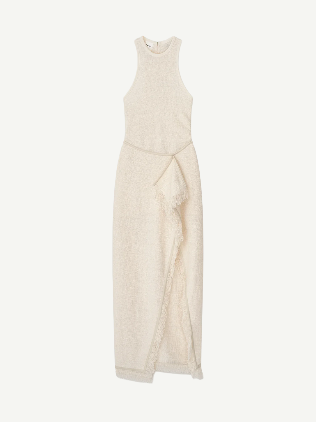 The Rayen Dress is a sleeveless, cream-colored cotton-linen dress with a high neckline and a wrap-style skirt accented by fringed hem details, shown flat against a white background.