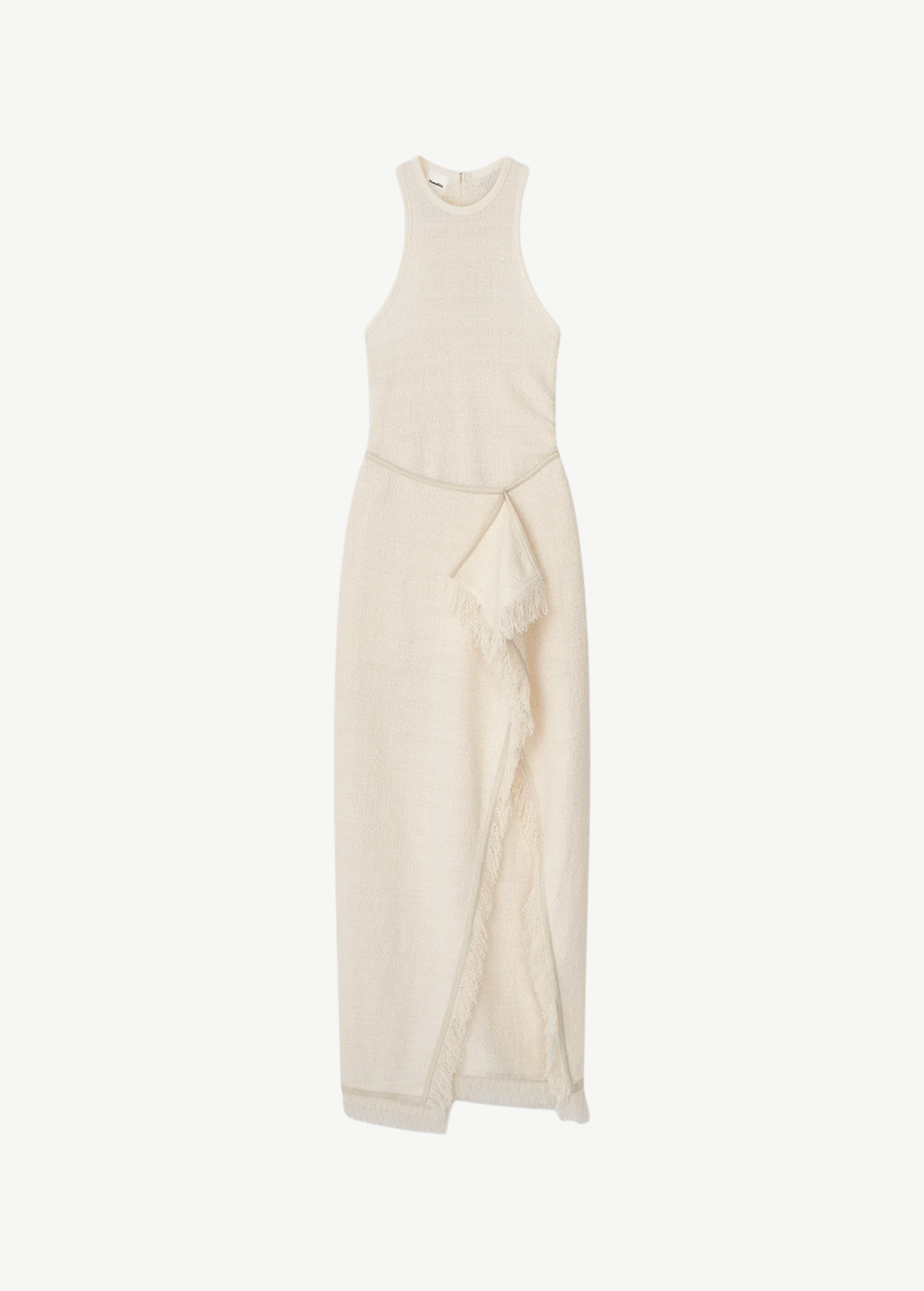 The Rayen Dress is a sleeveless, cream-colored cotton-linen dress with a high neckline and a wrap-style skirt accented by fringed hem details, shown flat against a white background.