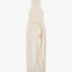The Rayen Dress is a sleeveless, cream-colored cotton-linen dress with a high neckline and a wrap-style skirt accented by fringed hem details, shown flat against a white background.