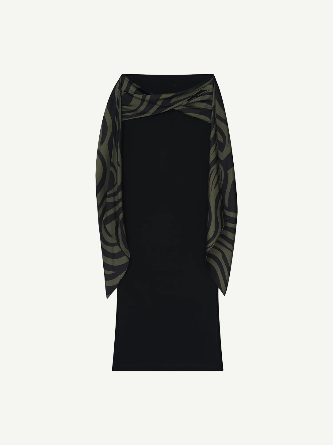 A black sleeveless Maltha Skirt with a midi silhouette features an olive green and black abstract patterned scarf-style drape over the shoulders, set against a white background.