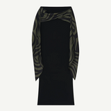A black sleeveless Maltha Skirt with a midi silhouette features an olive green and black abstract patterned scarf-style drape over the shoulders, set against a white background.