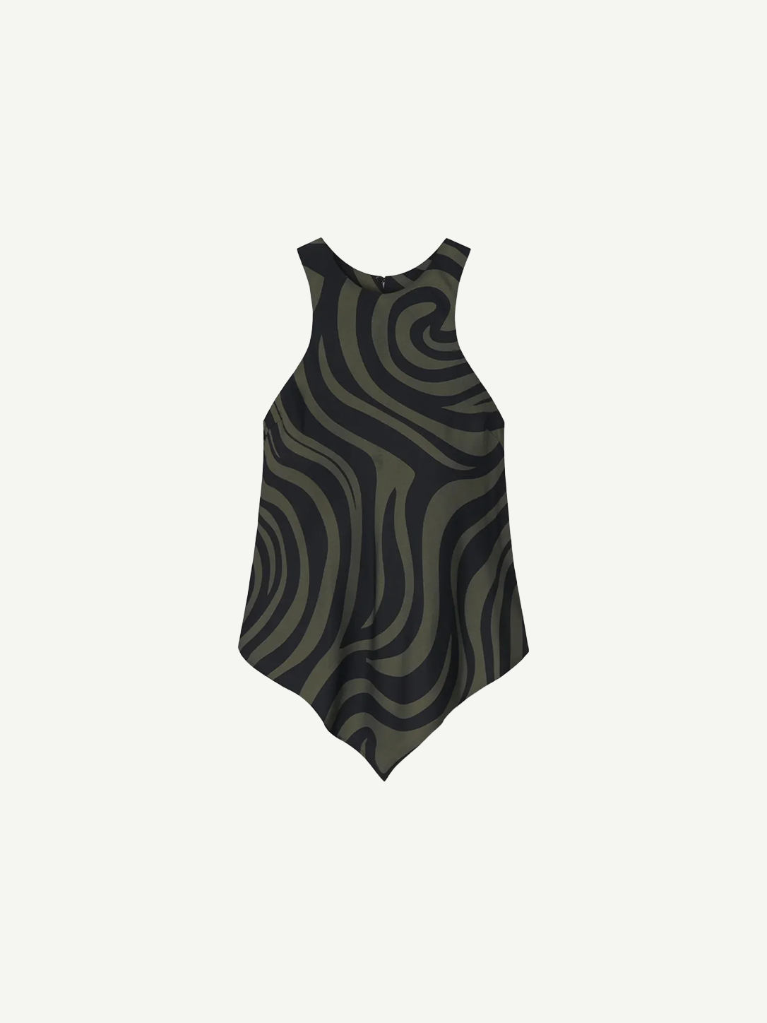 The Coletta Top is a sleeveless piece crafted from luxurious twill silk, showcasing an abstract black and olive green swirl pattern. It features a high neckline, an asymmetric handkerchief hem, and distinctive beaded detail at the back, presented against a plain white background.