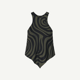 The Coletta Top is a sleeveless piece crafted from luxurious twill silk, showcasing an abstract black and olive green swirl pattern. It features a high neckline, an asymmetric handkerchief hem, and distinctive beaded detail at the back, presented against a plain white background.