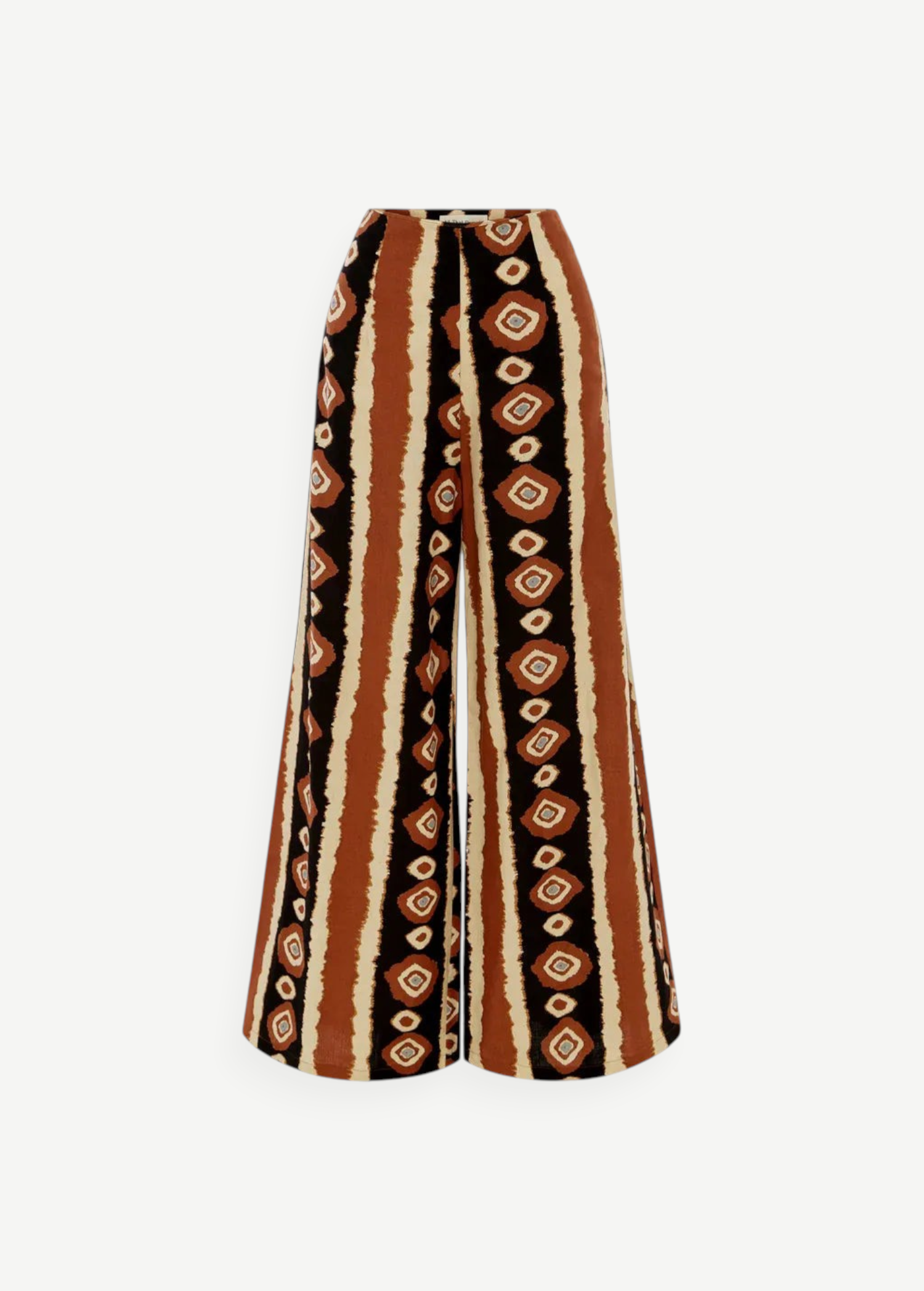 KABE SHOP INC Nera high-waisted wide leg pants featuring a brown, black, and cream tribal-inspired ikat print.