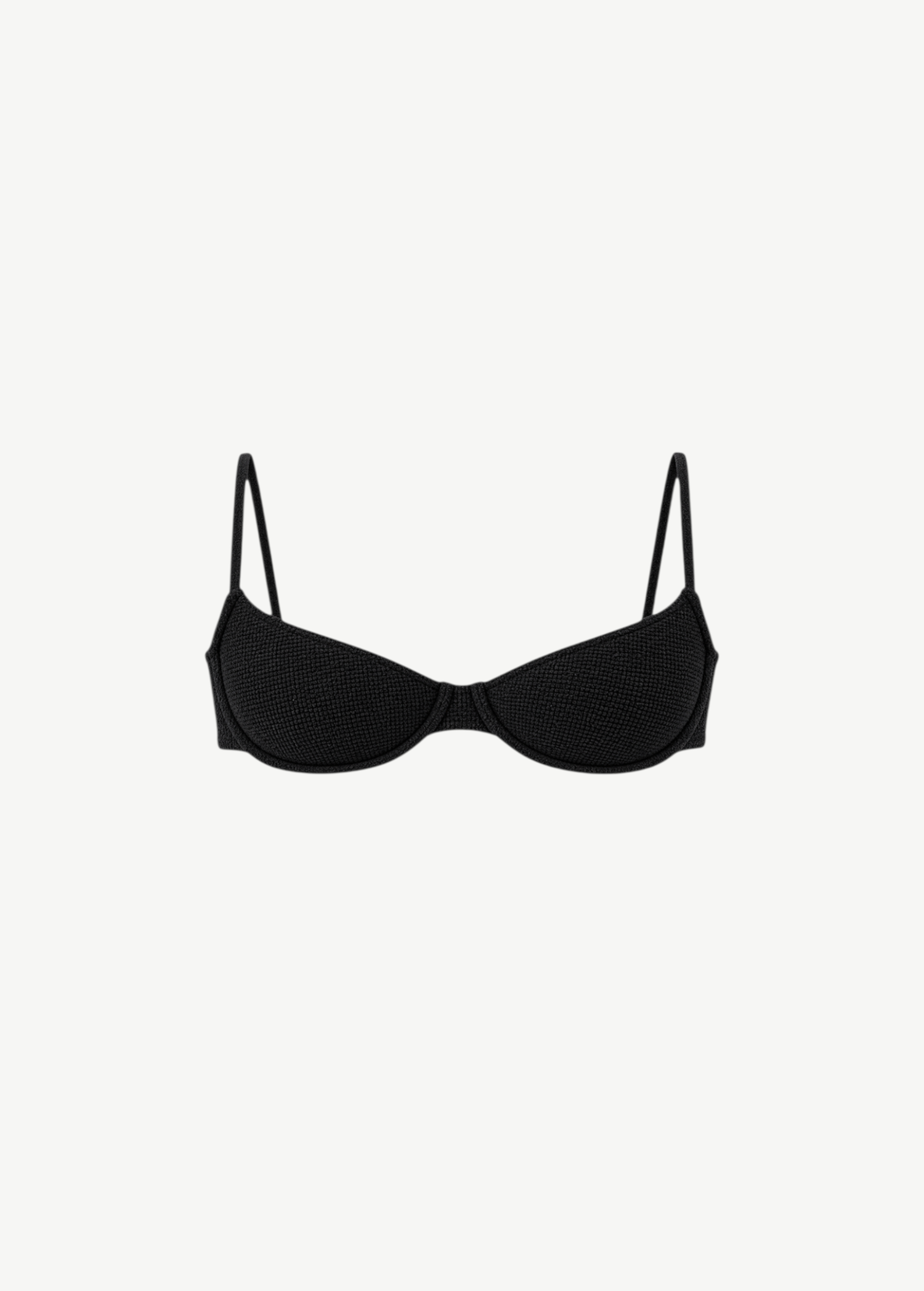 KABE SHOP INC Levi Balconette bikini top in black shimmer crinkle fabric with supportive underwire and wide straps.